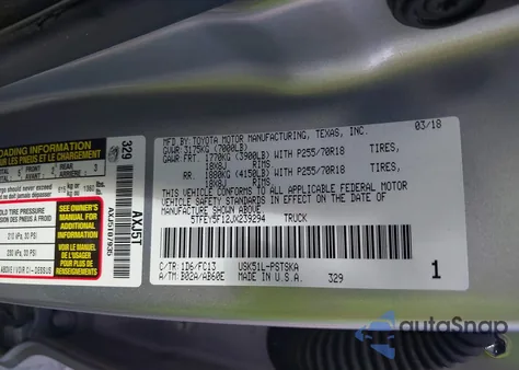 2018 Toyota Tundra Sr5 5.7L V8 from USA, damaged, VIN 5TFEY5F12JX239294
